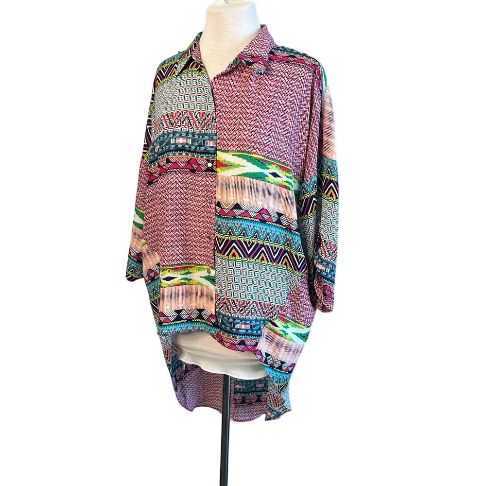Cato Women Large Mixed Print High Low Roll Tab Sleeve Button Down Shirt Multi